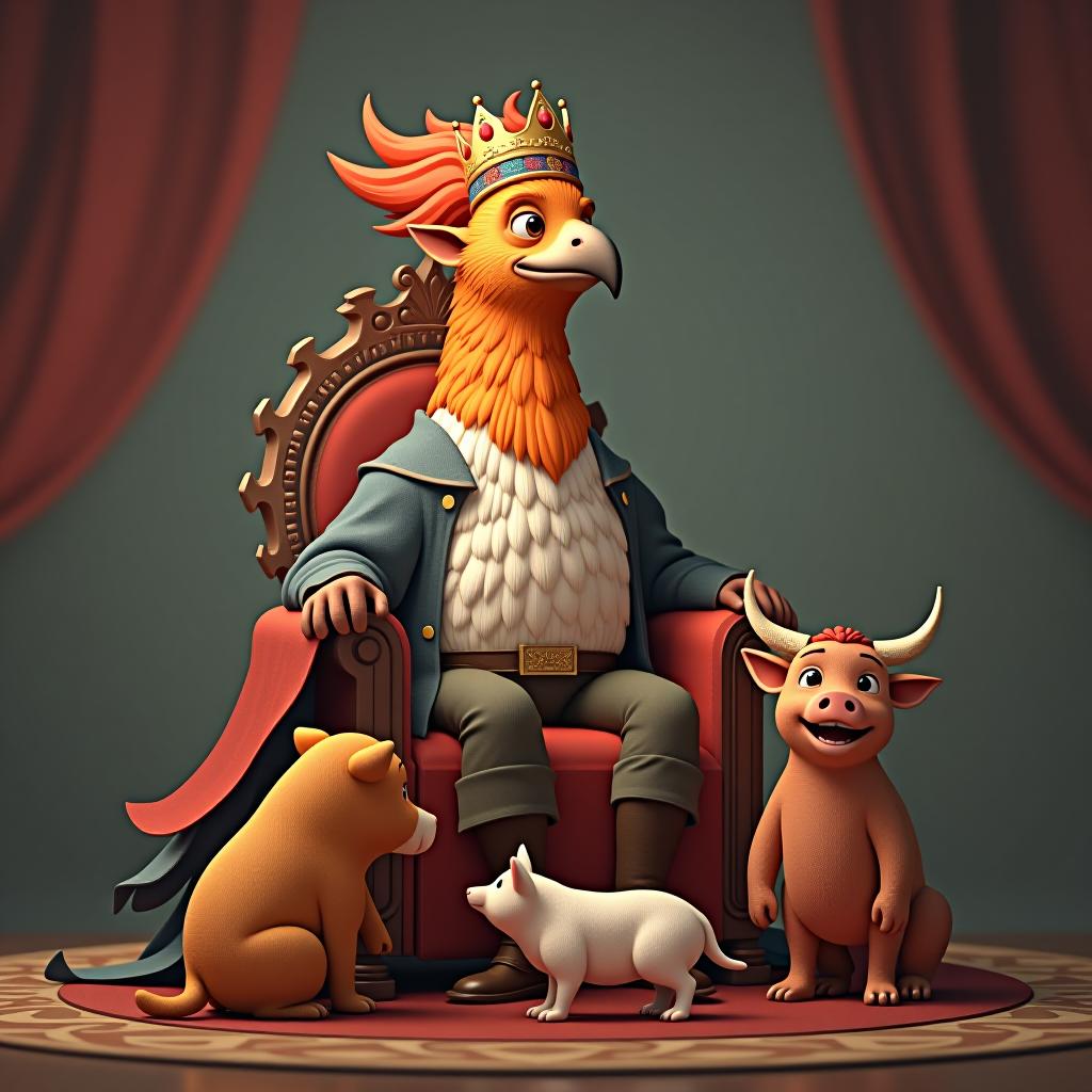  3d, humanlike phoenix, sitting oj a throne, wearing a crown, dog, cat, bull, cow, pig, bowing to him