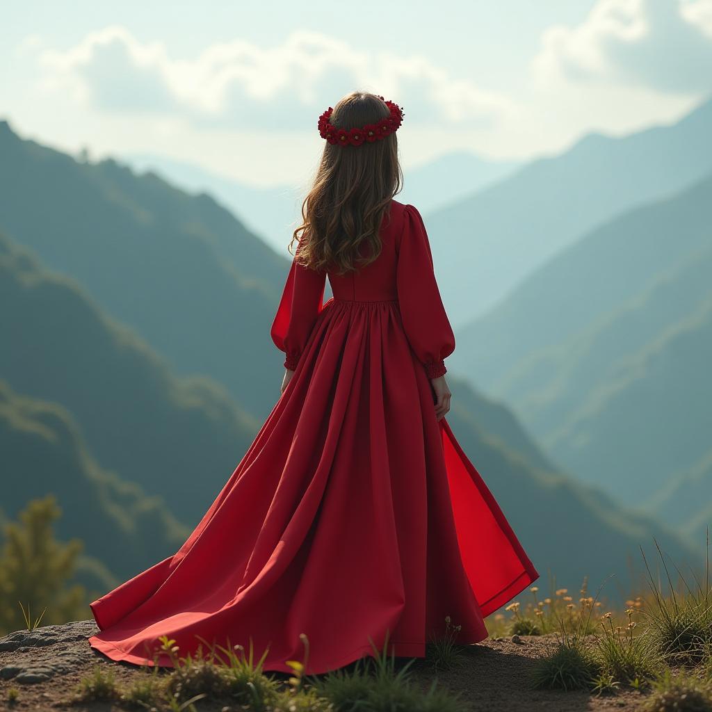  a girl with light brown hair is standing on a mountain, facing away. she has a red flower crown on her head and is wearing a red dress with a train and long sleeves. hyperrealistic, full body, detailed clothing, highly detailed, cinematic lighting, stunningly beautiful, intricate, sharp focus, f/1. 8, 85mm, (centered image composition), (professionally color graded), ((bright soft diffused light)), volumetric fog, trending on instagram, trending on tumblr, HDR 4K, 8K