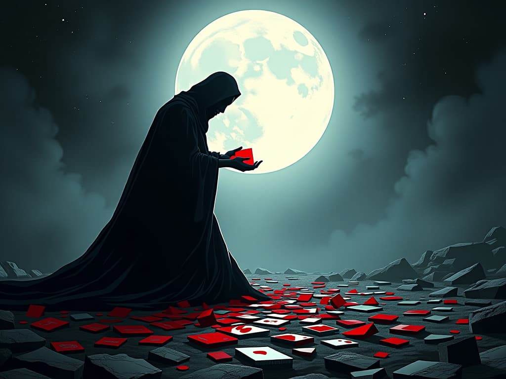  a figure collecting fragments of mirror pieces, pale moonlight illuminating their task, symbolizing self recovery. the style is digital art illustration / modern comic book / graphic dark novel fantasy and mysterious occult, symbolic, moody lighting, esoteric vibe,high detail on character design. for the color scheme emphasize blacks and reds.