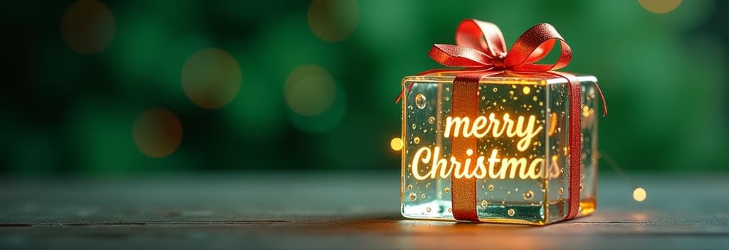  transparent glass christmas gift with glass bow, golden glowing text “merry christmas”, festive green bokeh background ar 3:1 {prompt}, maximum details