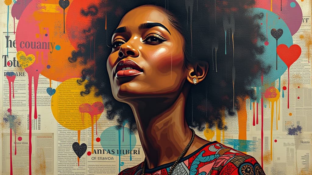  graffiti, collage of grunge newspapers and multicolored painting splash, illustration of an african woman with a dreamy expression, urban graphic artwork, street art, mixed media