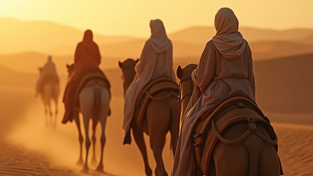  history of biblical times, the journey of the caravan moving through the desert, with rebecca, her nurse, and the servant riding on camels, filled with anticipation. hyperrealistic, full body, detailed clothing, highly detailed, cinematic lighting, stunningly beautiful, intricate, sharp focus, f/1. 8, 85mm, (centered image composition), (professionally color graded), ((bright soft diffused light)), volumetric fog, trending on instagram, trending on tumblr, HDR 4K, 8K