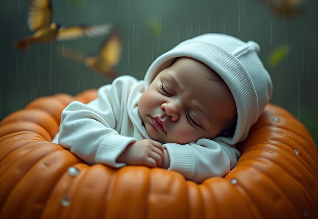  hyperrealistic art the baby's in a white pajama with the cuffs on his head sleeping in a pumpkin. it's raining. birds fly around. . extremely high resolution details, photographic, realism pushed to extreme, fine texture, incredibly lifelike hyperrealistic, full body, detailed clothing, highly detailed, cinematic lighting, stunningly beautiful, intricate, sharp focus, f/1. 8, 85mm, (centered image composition), (professionally color graded), ((bright soft diffused light)), volumetric fog, trending on instagram, trending on tumblr, HDR 4K, 8K