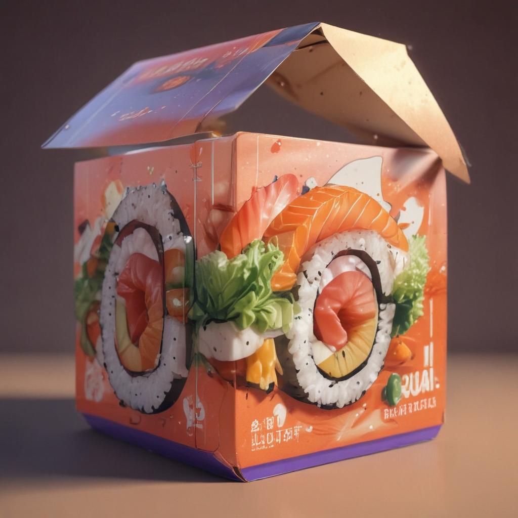 distance-shot, flashy, full-body, dynamic, holographic, animated cartoon poster of a take-out box of sushi in the style of dragon ball super