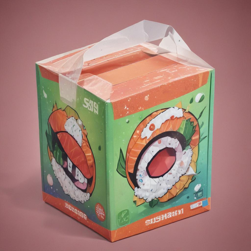 distance-shot, flashy, full-body, dynamic, holographic, animated cartoon poster of a take-out box of sushi in the style of dragon ball super