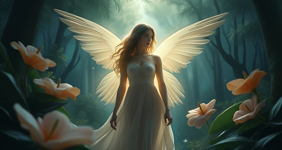  portrait of an ethereal angel, standing amidst a magical forest, her glowing attire casting light on the darkened surroundings. anthurium flowers bloom around her, atmosphere of resilience and revelation.. the style is digital art illustration,highly detailed, whimsical,magical, dreamlike atmosphere, realism and fantasy blend, smooth, glossy textures,luminous quality, wonder and enchantment.