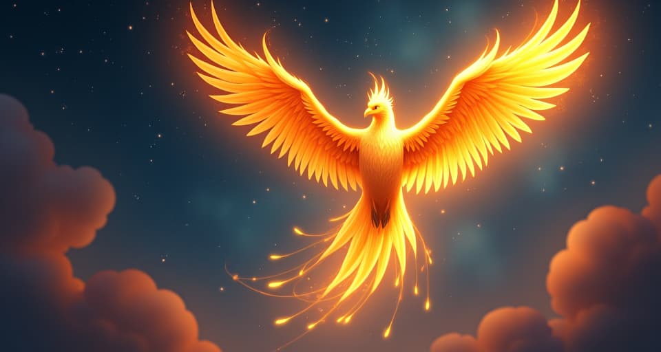  an enchanted phoenix, its feathers aflame with divine light, soaring toward the heavens. the background is a magical, starlit night sky, representing a burning desire for holiness.. the style is digital art illustration,highly detailed, whimsical,magical, dreamlike atmosphere, realism and fantasy blend, smooth, glossy textures,luminous quality, wonder and enchantment.