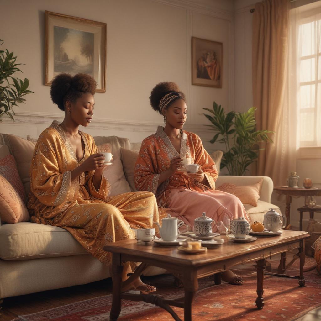 ((masterpiece)),(((best quality))), 8k, high detailed, ultra detailed, European woman and African woman enjoying tea in a room, cultural diversity, patterned cushions, soft evening glow hyperrealistic, full body, detailed clothing, highly detailed, cinematic lighting, stunningly beautiful, intricate, sharp focus, f/1. 8, 85mm, (centered image composition), (professionally color graded), ((bright soft diffused light)), volumetric fog, trending on instagram, trending on tumblr, HDR 4K, 8K