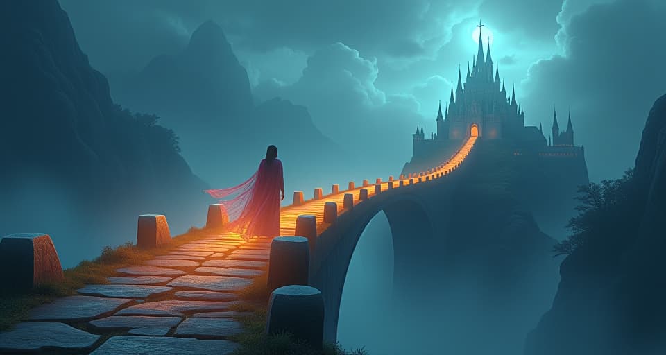  a fantasy landscape with a glowing, enchanted bridge leading to a distant castle. ethereal beings on the bridge, out of reach, symbolize the newfound independence and unattainability.. the style is digital art illustration,highly detailed, whimsical,magical, dreamlike atmosphere, realism and fantasy blend, smooth, glossy textures,luminous quality, wonder and enchantment.