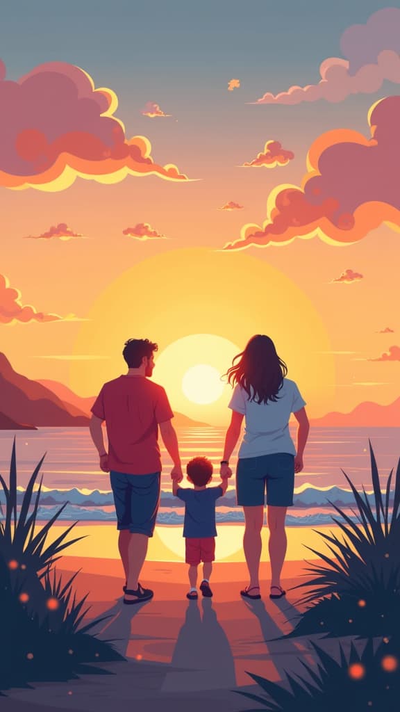  flat illustration, flaticon, (illustration:1.15), a family of three, mom, dad, son, walking near the sea in the evening, sunset ar 9:16, [cory loftis, strobist, pascal campion :: 0.2]