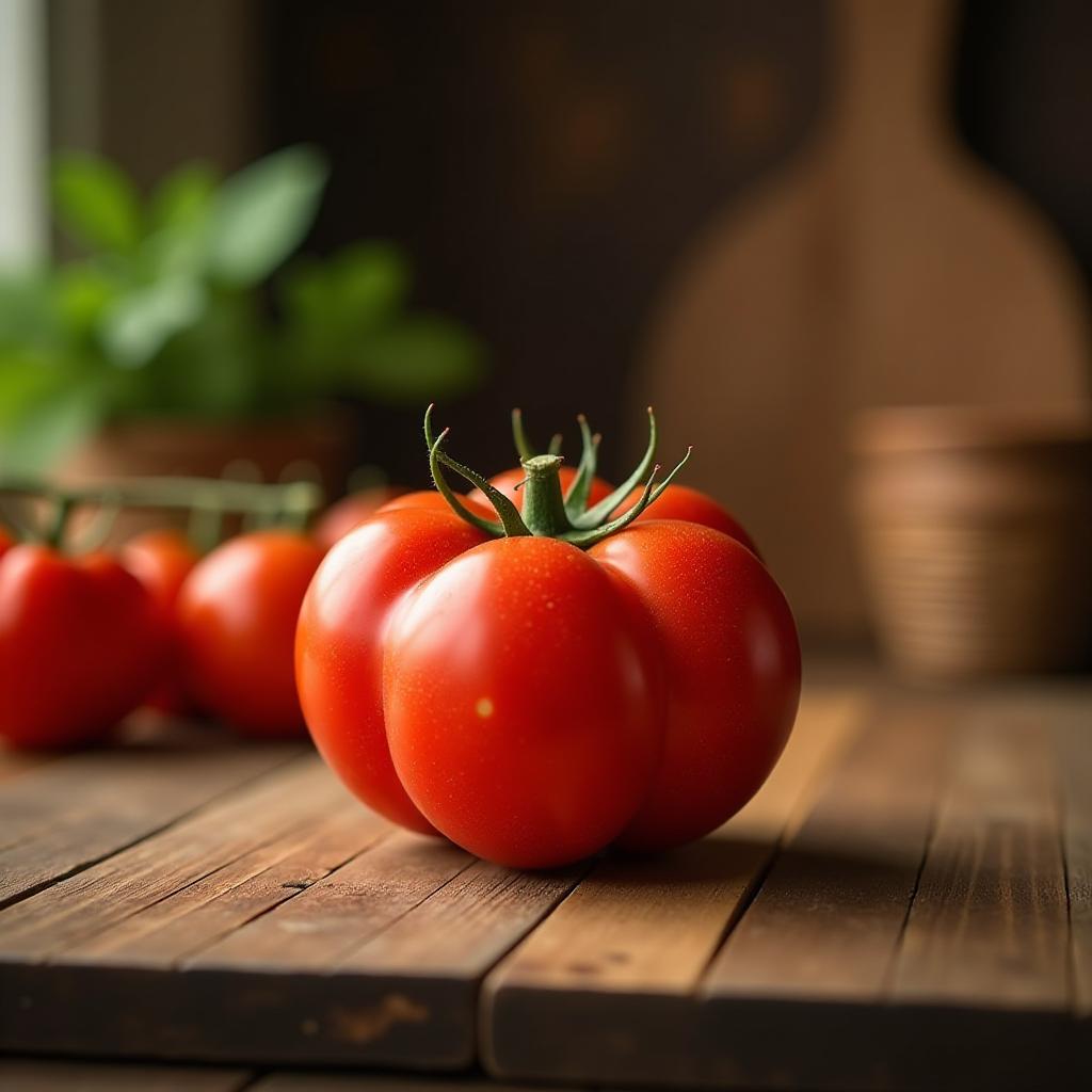  imagine a vibrant tomato placed centrally on a rustic kitchen table. the style is naturalistic with a focus on texture and realism. the composition highlights the tomato's glossy surface and ripe red color, with soft, natural light enhancing its curves and shadows. the primary color is red (rgb 255, 0, 0), complemented by the wooden brown of the table (rgb 165, 42, 42) and the soft white background (rgb 255, 255, 255), creating a warm, inviting atmosphere. the mood is fresh and wholesome.