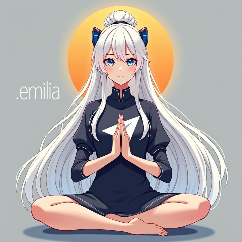  generate an ai image of a character inspired by emilia from re:zero starting life in another world the frozen bond. the character should have long white hair, an elegant and graceful look, and be wearing a shirt featuring the telegram logo. she should be depicted in a traditional indian namaste pose, radiating serenity and peace. keep the background minimalistic, and include the text 'emilia' in a stylish font near the character.