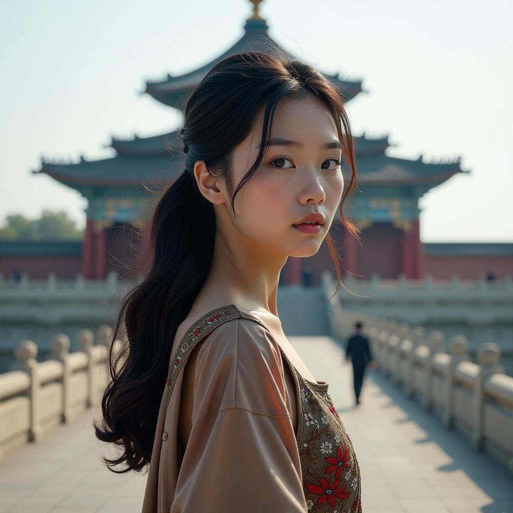  a girl with black wavy hair is standing with her back to the camera against the backdrop of a chinese landmark on a sunny day. hyperrealistic, full body, detailed clothing, highly detailed, cinematic lighting, stunningly beautiful, intricate, sharp focus, f/1. 8, 85mm, (centered image composition), (professionally color graded), ((bright soft diffused light)), volumetric fog, trending on instagram, trending on tumblr, HDR 4K, 8K