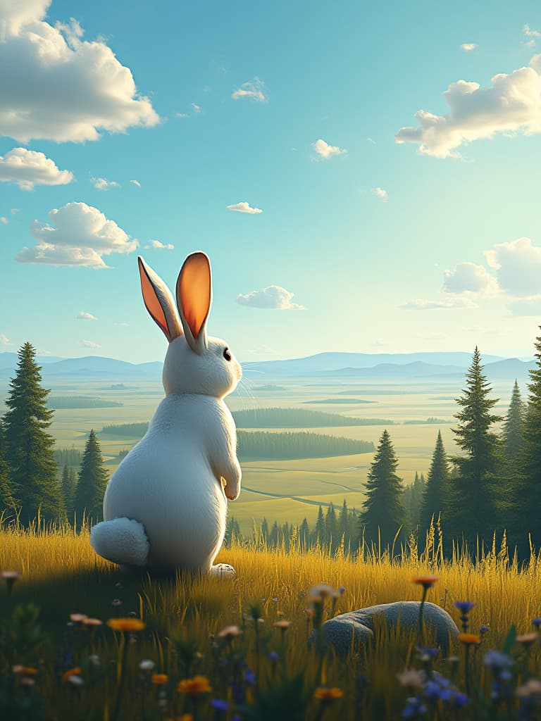  a lovely white rabbit standing on the edge of a forest, with a vast grland ahead. it looks far into the gr and looks forward to it. the sky is blue, the sun is pouring out on the gr, and the gr sways in the breeze, filled with peace and adventure. the rabbit's ears are up and ready to go on a prairie expedition