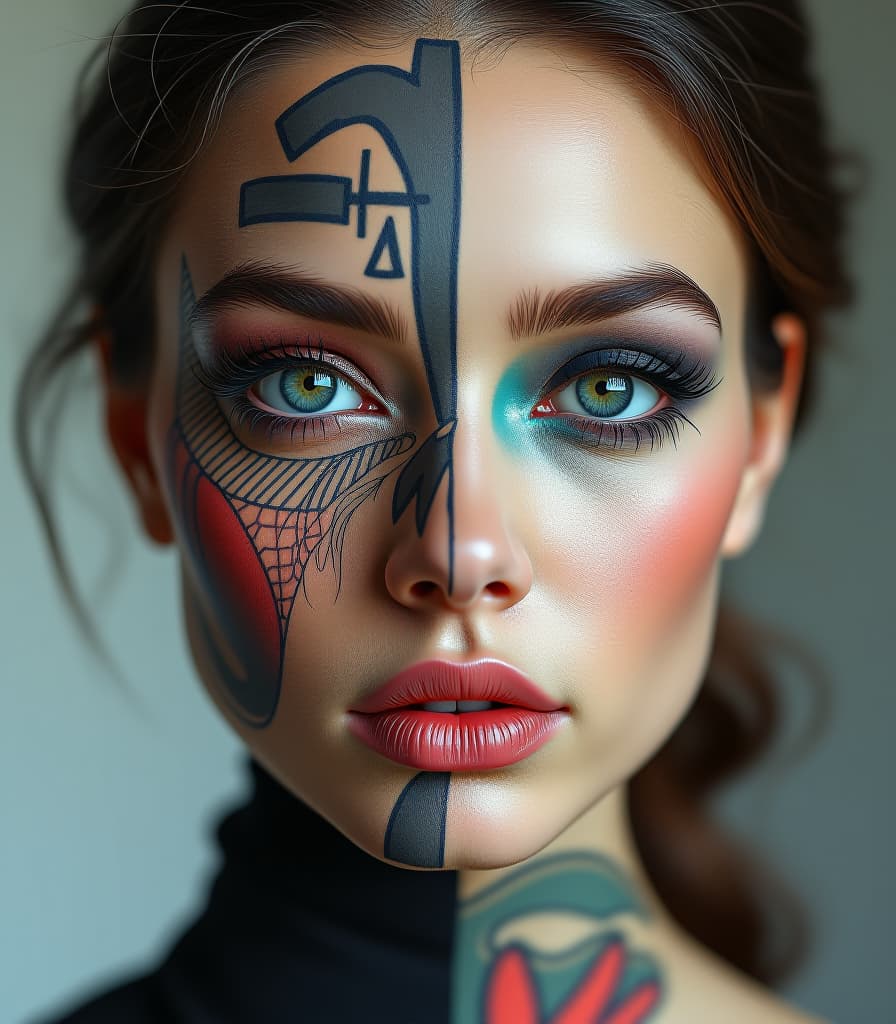  digital art, (diptych:1.4), portrait of abstract woman's face split on half, (left side of face covered math tattoo:1.3), photo realistic, right (side of face glamor make up:1.2) watercolor wash manga anime, two parts in one art, surrealism style hyperrealistic, full body, detailed clothing, highly detailed, cinematic lighting, stunningly beautiful, intricate, sharp focus, f/1. 8, 85mm, (centered image composition), (professionally color graded), ((bright soft diffused light)), volumetric fog, trending on instagram, trending on tumblr, HDR 4K, 8K