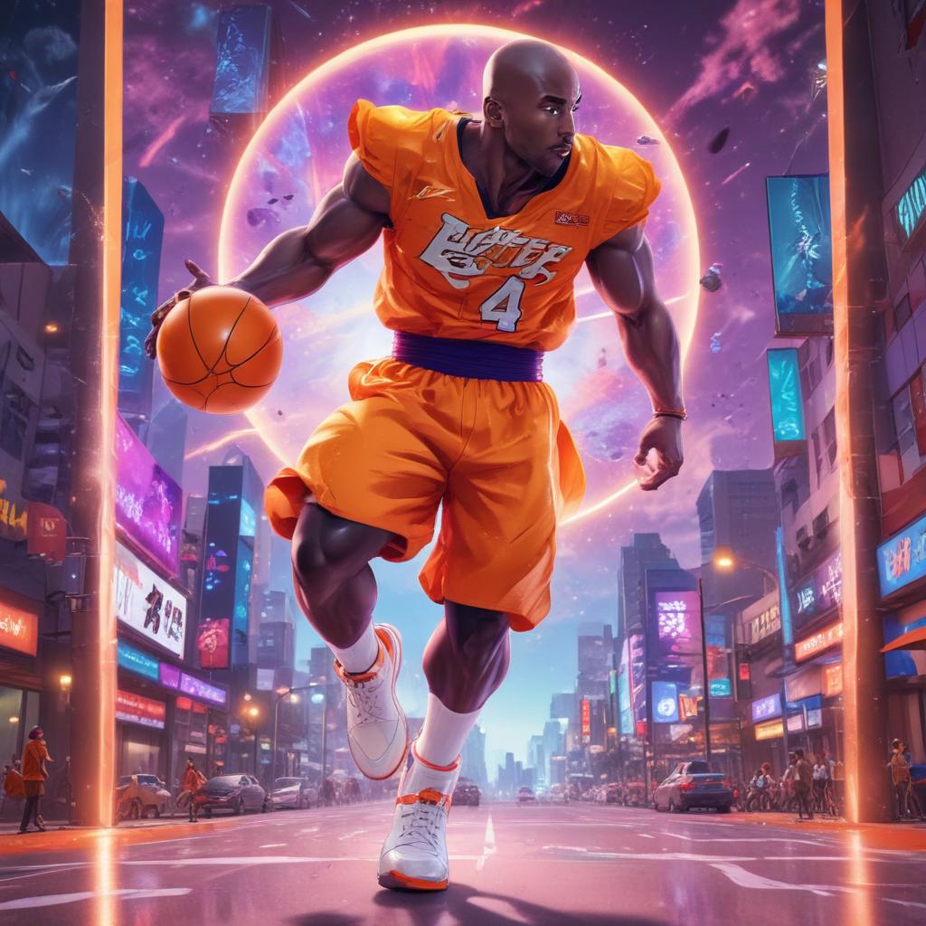 distance-shot, flashy, full-body, dynamic, holographic, animated cartoon poster of kobe scene in the style of dragon ball super