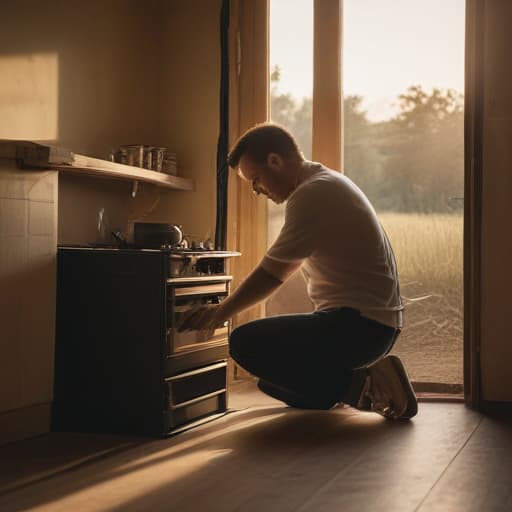 A photo of a skilled artisan carefully installing a sleek modern stove in a rustic countryside kitchen during the early evening with warm, golden hour sunlight streaming through the windows, casting long shadows across the worn wooden floor.