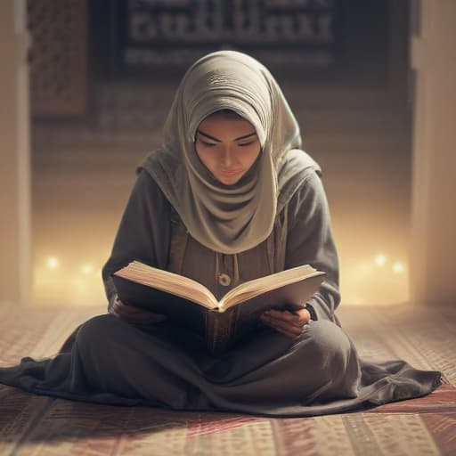 woman in hijab reading Quran hyperrealistic, full body, detailed clothing, highly detailed, cinematic lighting, stunningly beautiful, intricate, sharp focus, f/1. 8, 85mm, (centered image composition), (professionally color graded), ((bright soft diffused light)), volumetric fog, trending on instagram, trending on tumblr, HDR 4K, 8K