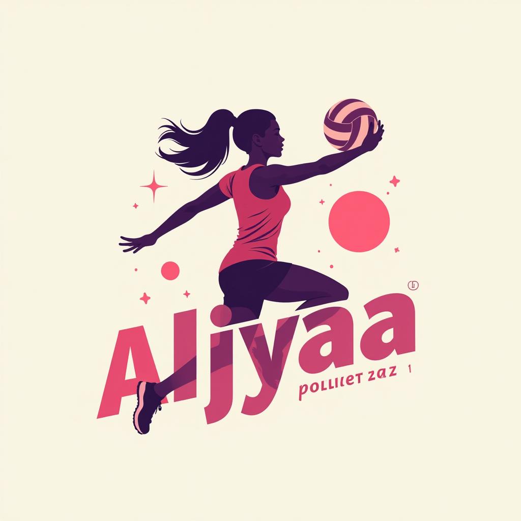  design a logo, logotipo minimalista en el tema de jugadora de volley ball atacando la red con el texto ‘aliyah’ colores blanco, rosa y morado. silueta de mujer adolescente