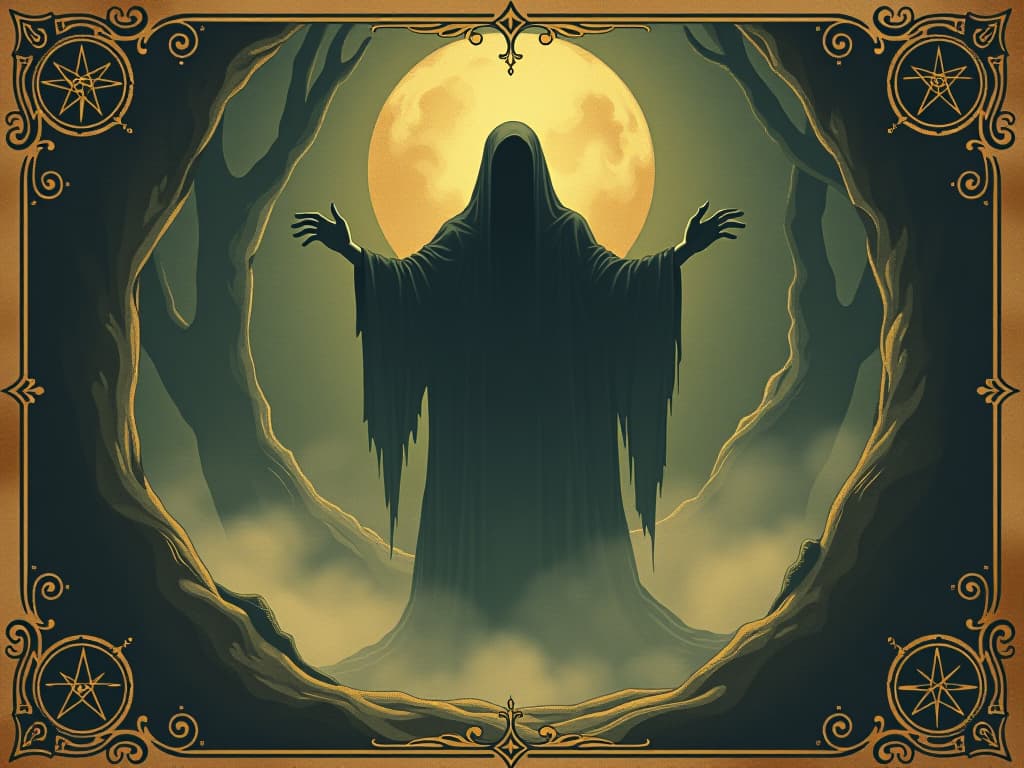  a mysterious figure immersed in ethereal light, surrounded by symbols of dreams and visions, light emanating softly, enigmatic, mystical. an illustration in the style of a worn, mystical old tarot trump card, mysterious and elements of surrealism. the colors are muted, somber and eerie, but with contrast bring out an occult and esoteric vibe.