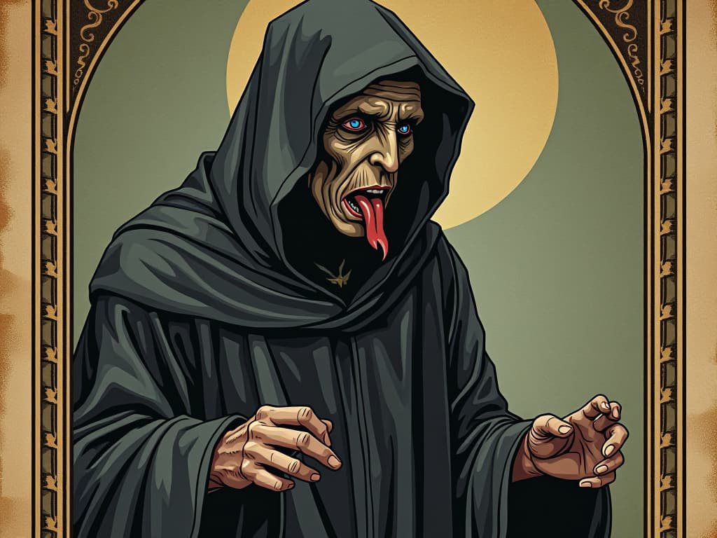  a figure in a robe, speaking with a forked tongue, false concern etched on their face, deceptive, manipulative, ill will. an illustration in the style of a worn, mystical old tarot trump card, mysterious and elements of surrealism. the colors are muted, somber and eerie, but with contrast bring out an occult and esoteric vibe.