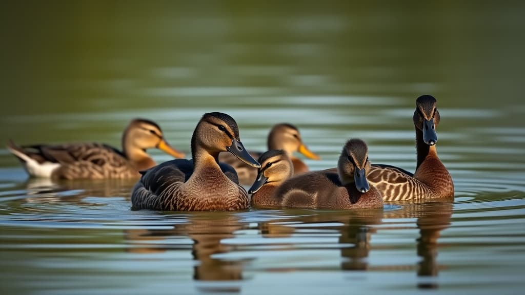  a family of ducks swimming together in a serene pond