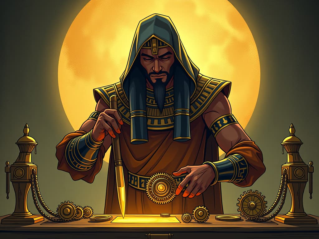  an ancient egyptian inventor, with a chisel and hammer, crafting a golden automaton, gears and pulleys in motion, lit by the glow of the full moon, symbolizing technological innovation, diligent precision. the style is digital art illustration / modern comic book / mysterious occult, symbolic, esoteric vibe,high detail on character design, incorporating ancient egyptian symbology and attire.