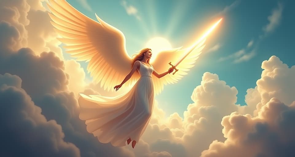  a radiant angel with a sword of light, descending from the heavens with fierce determination. the atmosphere charged with divine energy, sky swirling with clouds and bright celestial light.. the style is digital art illustration,highly detailed, whimsical,magical, dreamlike atmosphere, realism and fantasy blend, smooth, glossy textures,luminous quality, wonder and enchantment.