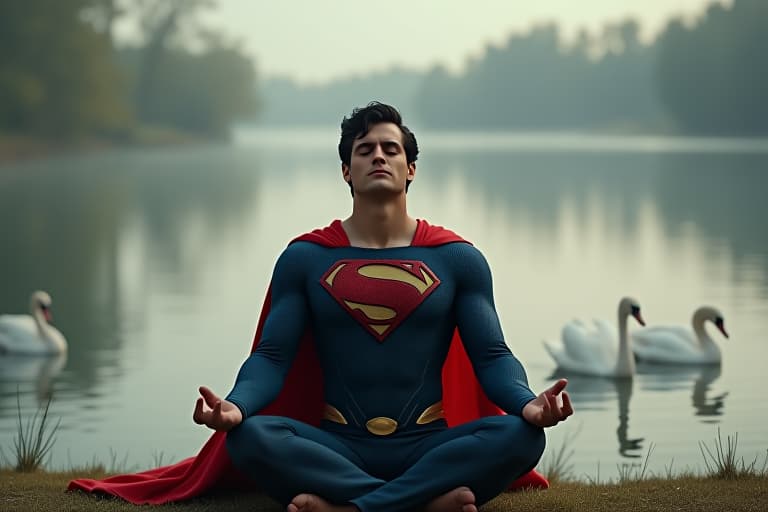  superman is meditating with his eyes closed by a peaceful lake with cool air and lots of trees. in the lake there are a few swans swimming,8k hyperrealistic, full body, detailed clothing, highly detailed, cinematic lighting, stunningly beautiful, intricate, sharp focus, f/1. 8, 85mm, (centered image composition), (professionally color graded), ((bright soft diffused light)), volumetric fog, trending on instagram, trending on tumblr, HDR 4K, 8K