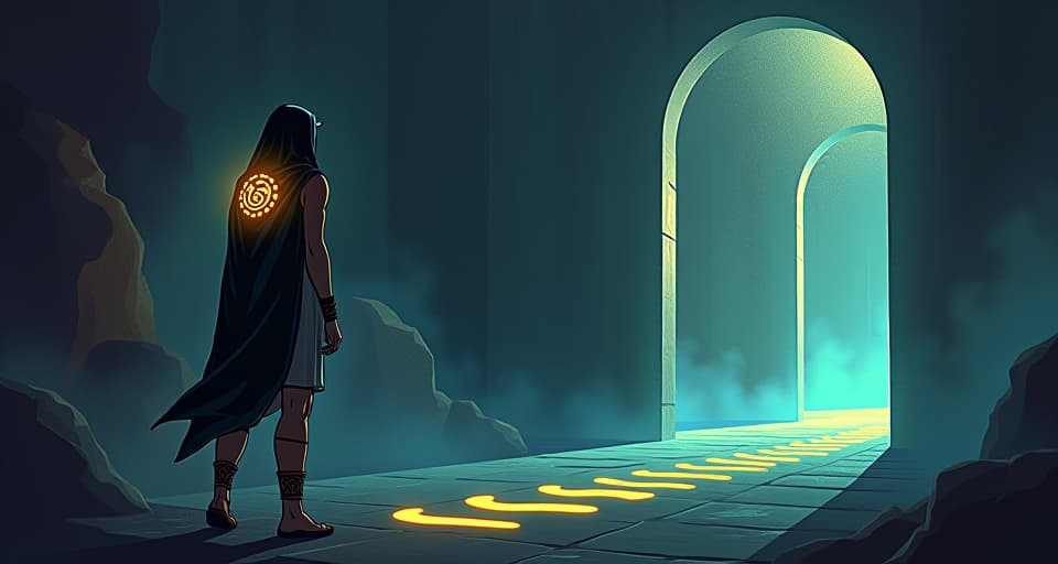  mystical whispers guiding a person, glowing symbols and faint footsteps leading to a hidden corner. the style is digital art illustration / modern comic book / mysterious occult, symbolic, esoteric vibe,high detail on character design, incorporating ancient egyptian symbology and attire.