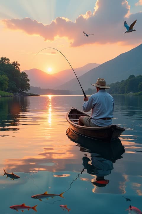  a serene fishing scene at dawn, with a calm lake reflecting the colors of the sunrise. a fisherman in a small wooden boat, casting his line into the water, surrounded by lush green trees and distant mountains. the sky is painted with shades of orange, pink, and purple, and soft ripples create a peaceful atmosphere. the water is clear, revealing colorful fish swimming below the surface, while birds are gently flying above, adding to the tranquility of the moment. the fisherman is wearing a straw hat and casual fishing attire, embodying a sense of relaxation and focus.