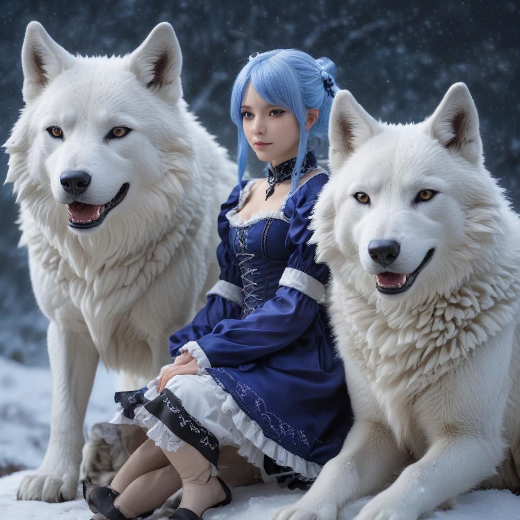 ((masterpiece)),(((best quality))), 8k, high detailed, ultra detailed, Rem from Re:Zero, a girl with blue hair and maid outfit, sitting on a giant white wolf, overlooking a vast snowy landscape, under a starry sky hyperrealistic, full body, detailed clothing, highly detailed, cinematic lighting, stunningly beautiful, intricate, sharp focus, f/1. 8, 85mm, (centered image composition), (professionally color graded), ((bright soft diffused light)), volumetric fog, trending on instagram, trending on tumblr, HDR 4K, 8K