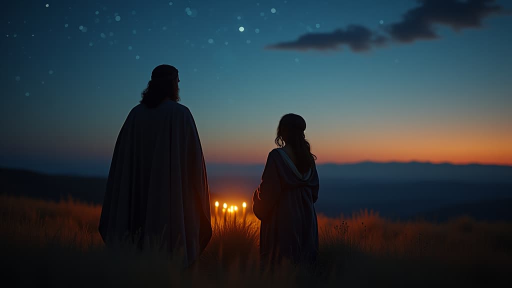  history of biblical times, a serene evening scene of isaac and rebekah gazing at the stars, reflecting on their blessings and faith. hyperrealistic, full body, detailed clothing, highly detailed, cinematic lighting, stunningly beautiful, intricate, sharp focus, f/1. 8, 85mm, (centered image composition), (professionally color graded), ((bright soft diffused light)), volumetric fog, trending on instagram, trending on tumblr, HDR 4K, 8K