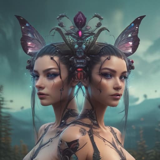 A fairy with two heads in Cyberpunk style with Nature background