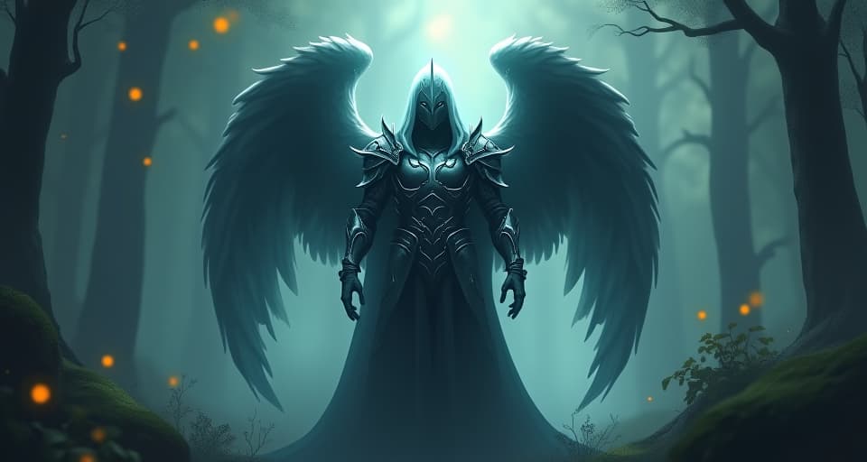  a shadowy guardian angel, encased in ethereal armor, standing resolute in an enchanted forest; an aura of protective strength radiates from their being.. the style is digital art illustration,highly detailed, whimsical,magical, dreamlike atmosphere, realism and fantasy blend, smooth, glossy textures,luminous quality, wonder and enchantment.