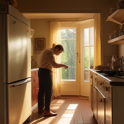 A photo of a skilled appliance technician repairing a vintage refrigerator in a quaint and cozy kitchen during late afternoon with warm, golden sunlight streaming through a large window, casting soft shadows on the retro appliances and illuminating the intricate details of the technician's tools and hands.