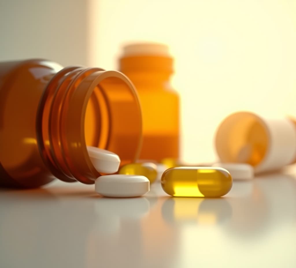  close up of amber pill bottles with white and yellow capsules against soft, illuminated background.