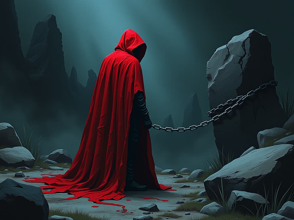  man in tattered red cloak, chained to a boulder, unable to move forward, eerie landscape. the style is digital art illustration / modern comic book / graphic dark novel fantasy and mysterious occult, symbolic, moody lighting, esoteric vibe,high detail on character design. for the color scheme emphasize blacks and reds.