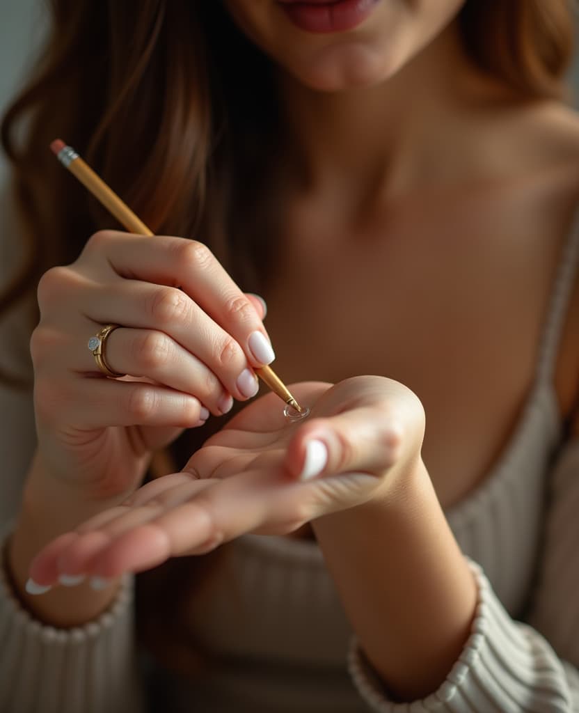  hdr photo of a woman applies a small amount of perfume to her wrist, hands, small pencil, application, close up . high dynamic range, vivid, rich details, clear shadows and highlights, realistic, intense, enhanced contrast, highly detailed