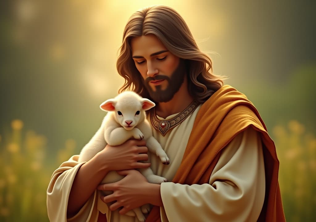  image of jesus christ holding a little lamb of easter holiday concept