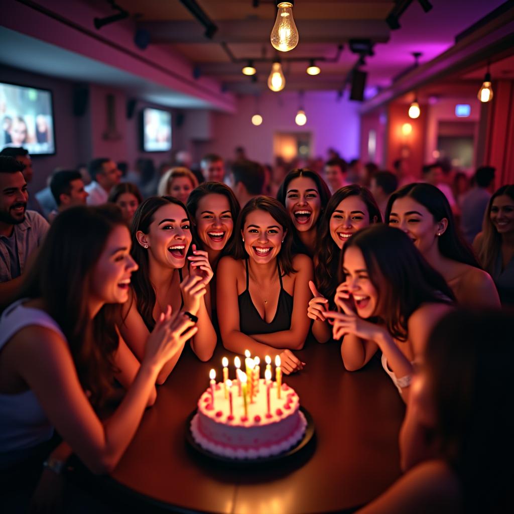  a cheerful large group is celebrating a birthday at an elite karaoke bar.