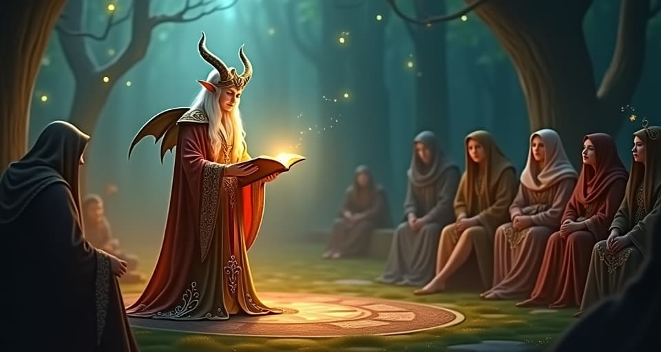  a wise elf storyteller dressed in intricate glowing garments, standing before an audience of enchanted beings. the atmosphere of rapt attention and inspiration.. the style is digital art illustration,highly detailed, whimsical,magical, dreamlike atmosphere, realism and fantasy blend, smooth, glossy textures,luminous quality, wonder and enchantment.