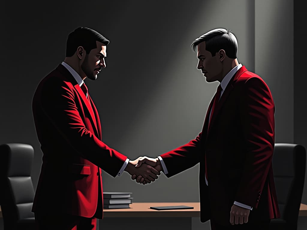  corporate office setting, executive in red suit shaking hands, shadow marking the handshake, hidden deceit. the style is digital art illustration / modern comic book / graphic dark novel fantasy and mysterious occult, symbolic, moody lighting, esoteric vibe,high detail on character design. for the color scheme emphasize blacks and reds.