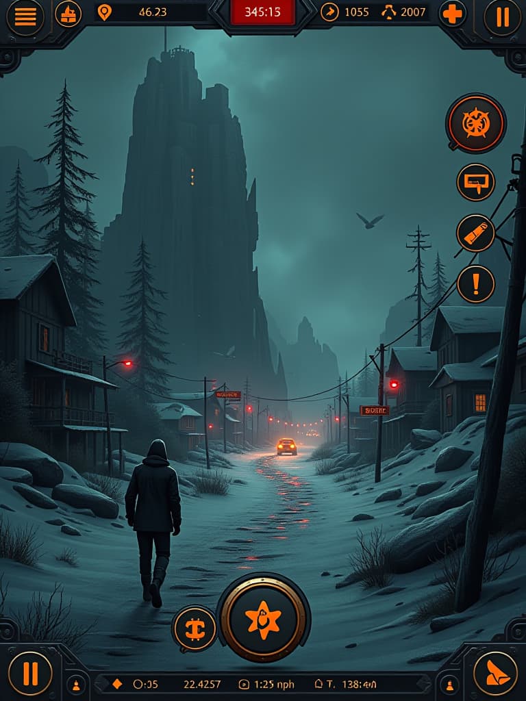  a ui design for a game called snowdrop, post apocalyptic world, dark fantasy, mute colors, vintage, metalic