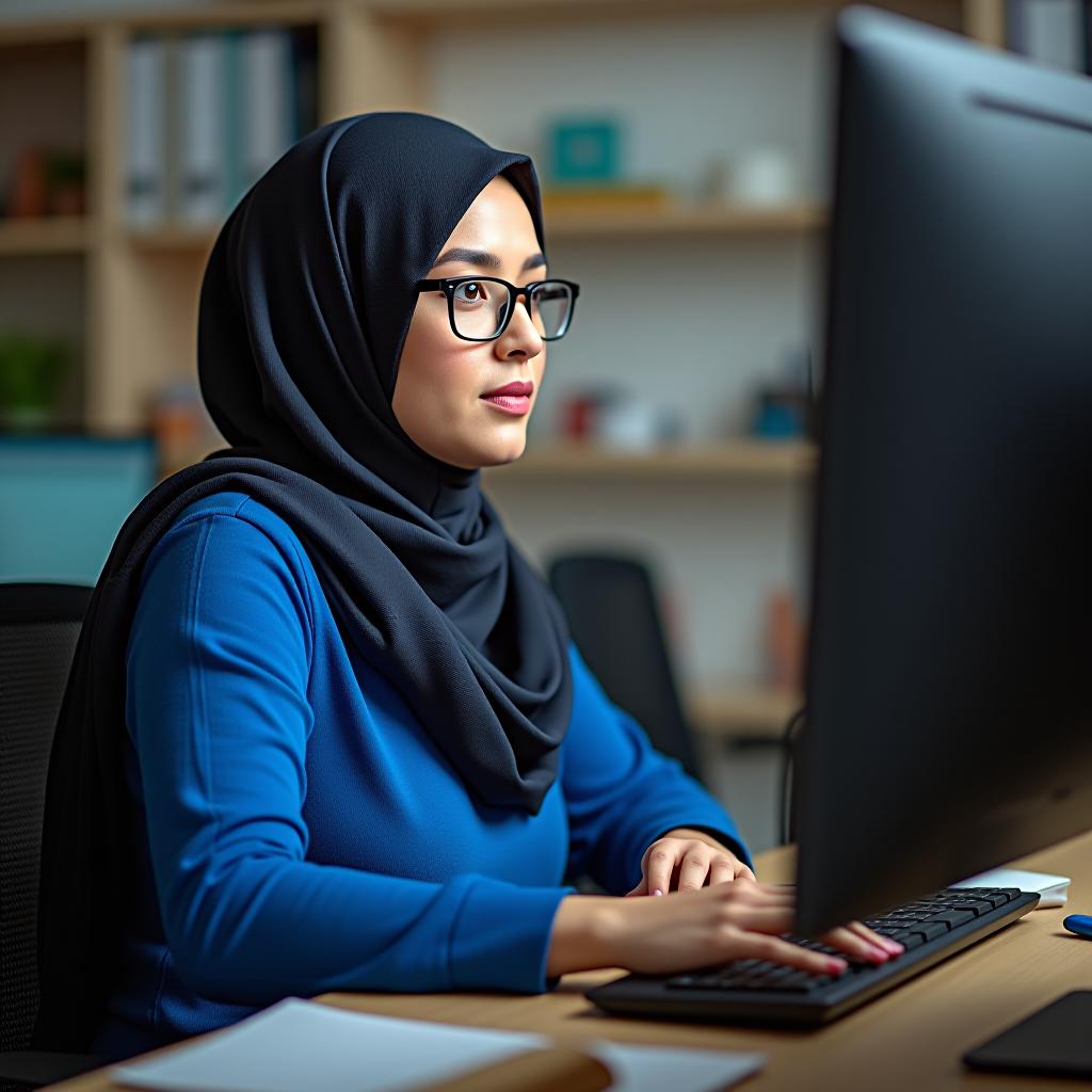  a woman in a hijab sitting at a computer, wearing blue clothes.