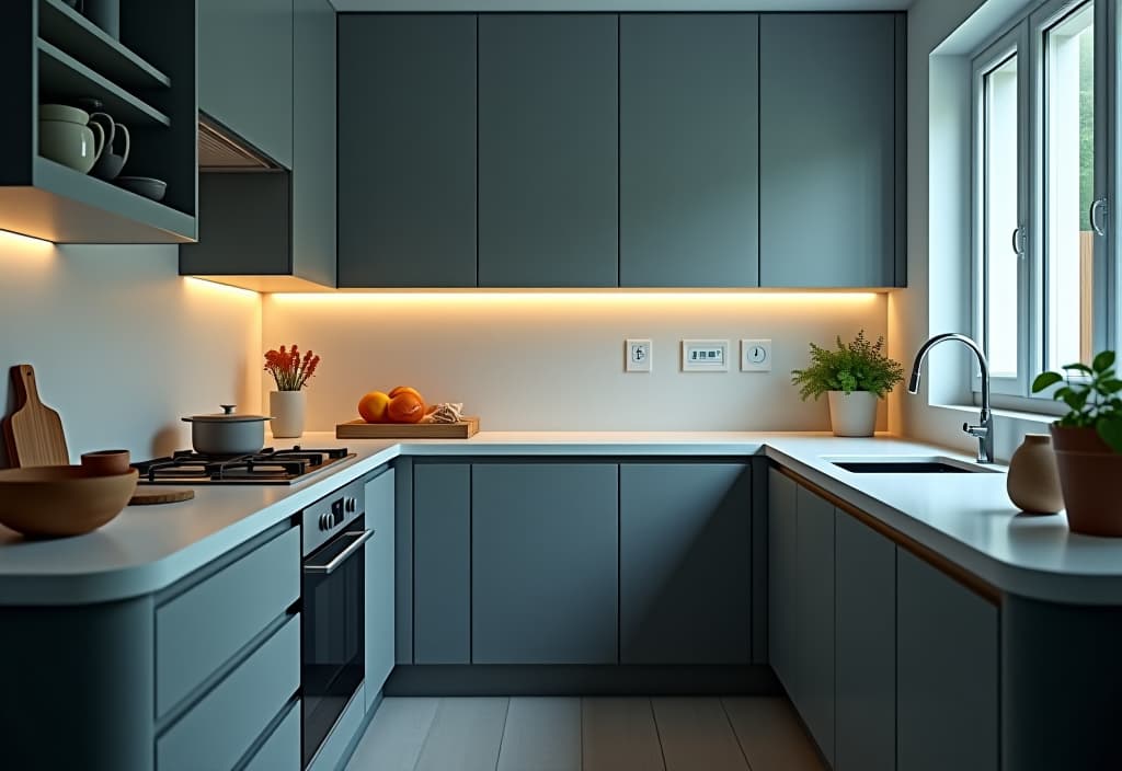  a landscape photo of a small kitchen with a monochromatic color scheme, featuring varying shades of one color, and clever under cabinet lighting to create depth hyperrealistic, full body, detailed clothing, highly detailed, cinematic lighting, stunningly beautiful, intricate, sharp focus, f/1. 8, 85mm, (centered image composition), (professionally color graded), ((bright soft diffused light)), volumetric fog, trending on instagram, trending on tumblr, HDR 4K, 8K