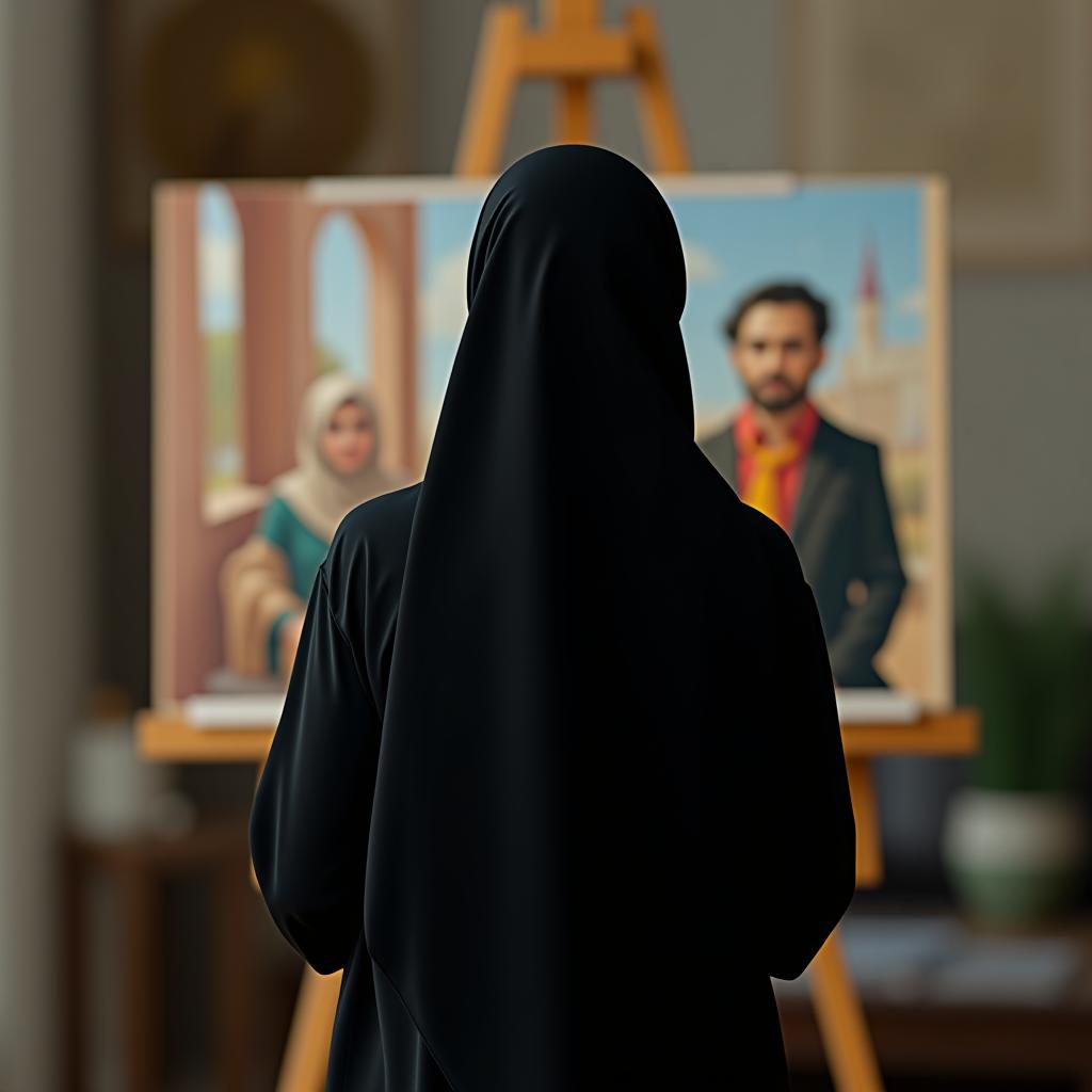  a muslim woman in black clothing is standing with her back facing and painting a picture.