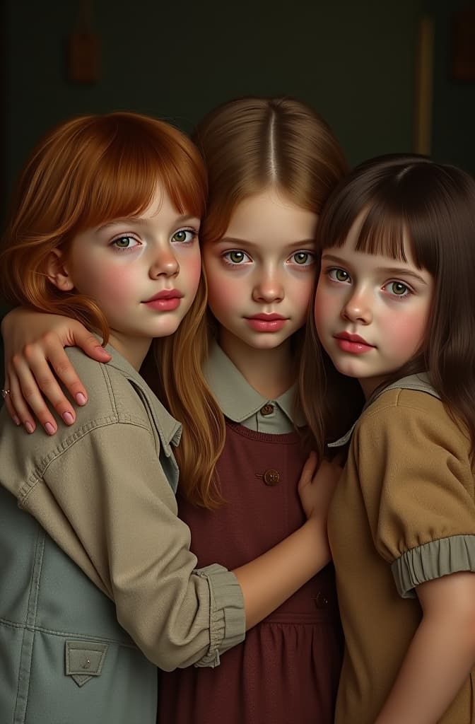  tres hermanas en la infancia abrazandose una con pelo rubio la otra con pelo negro y la otra con pelo cafe y la otra con pelo rubio, realistic, portrait, art by donato giancola and greg rutkowski, realistic face, digital art, trending on artstation hyperrealistic, full body, detailed clothing, highly detailed, cinematic lighting, stunningly beautiful, intricate, sharp focus, f/1. 8, 85mm, (centered image composition), (professionally color graded), ((bright soft diffused light)), volumetric fog, trending on instagram, trending on tumblr, HDR 4K, 8K