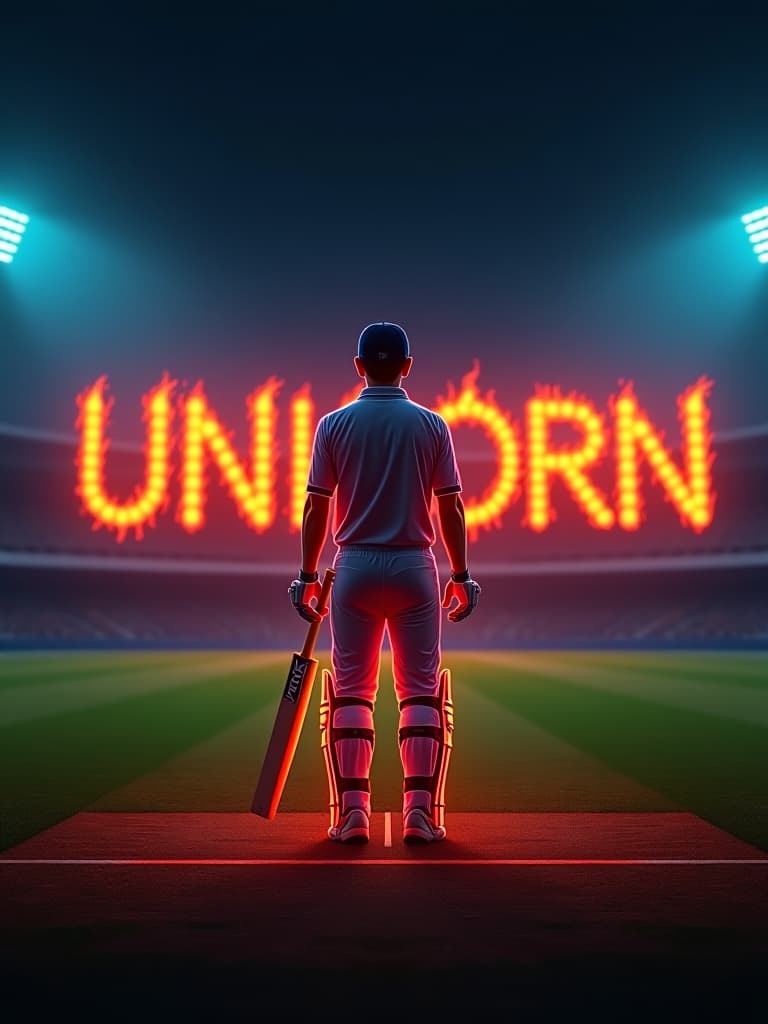  good quality, high quality, "unicorn bhai" in glowing embers , in capital letter, formed out of cricket analyst,  flames the text radiates colourful and light in a dark, nighttime cricket ground setting. the background features stadium and a cricketer, while warm, dominate the scene with a sense of rainbow color and mystery. hyperrealistic, full body, detailed clothing, highly detailed, cinematic lighting, stunningly beautiful, intricate, sharp focus, f/1. 8, 85mm, (centered image composition), (professionally color graded), ((bright soft diffused light)), volumetric fog, trending on instagram, trending on tumblr, HDR 4K, 8K