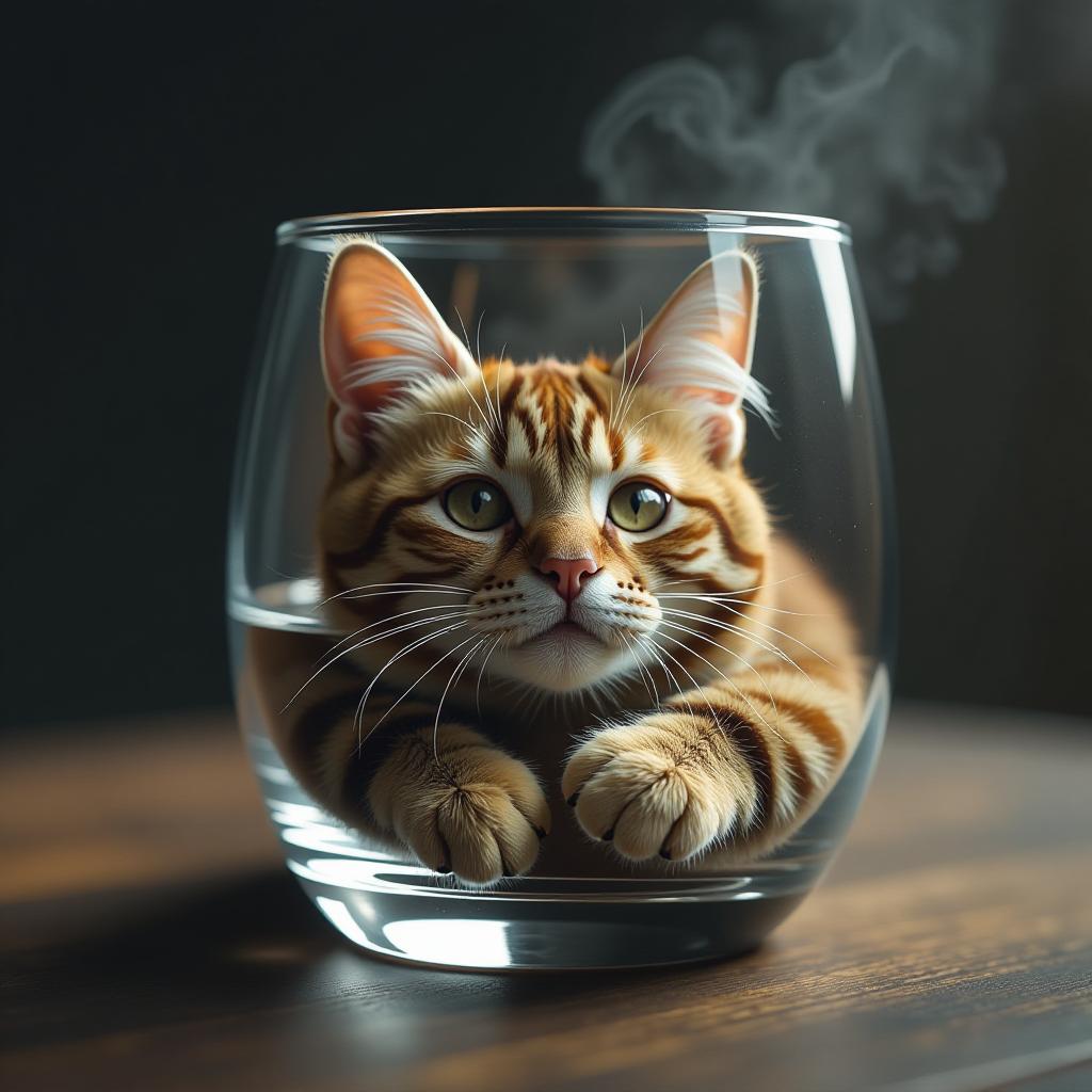  a glass with a cat lying in it. hyperrealistic, full body, detailed clothing, highly detailed, cinematic lighting, stunningly beautiful, intricate, sharp focus, f/1. 8, 85mm, (centered image composition), (professionally color graded), ((bright soft diffused light)), volumetric fog, trending on instagram, trending on tumblr, HDR 4K, 8K